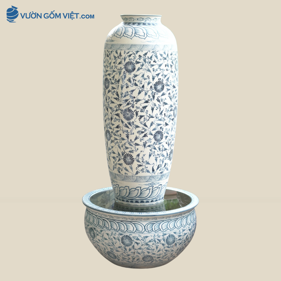 Bộ Chậu Lu Nước Phong Thủy - Đài Phun Nước Gốm Sứ Sân Vườn 06