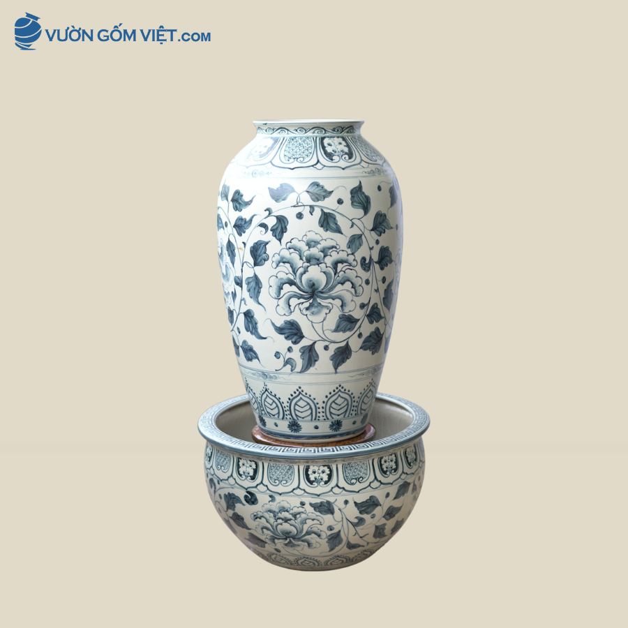 Bộ Chậu Lu Nước Phong Thủy - Đài Phun Nước Gốm Sứ Sân Vườn 05