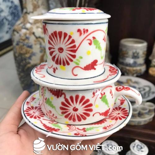 Bộ phin cafe gốm sứ vẽ cúc đỏ