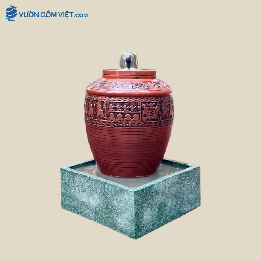 Bộ Lu Nước Phong Thủy Gốm Mộc Họa Tiết Trống Đồng cao 78cm