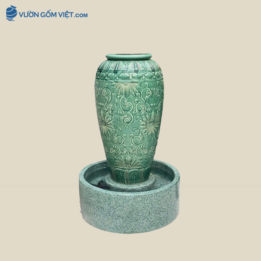 Bộ Lu Nước Phong Thủy Họa Tiết Hoa Sen Cổ Xanh ( 90cm )