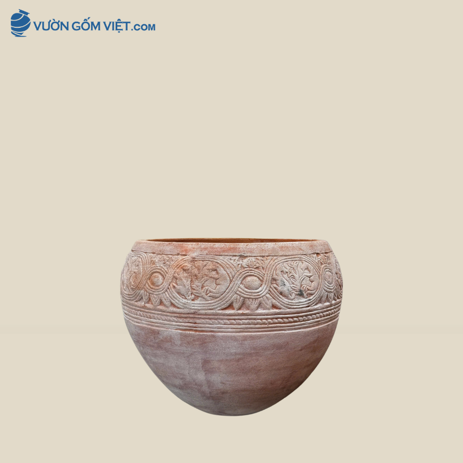 Chậu Gốm Đất Nung Hoa Văn Đồng Cao 39cm