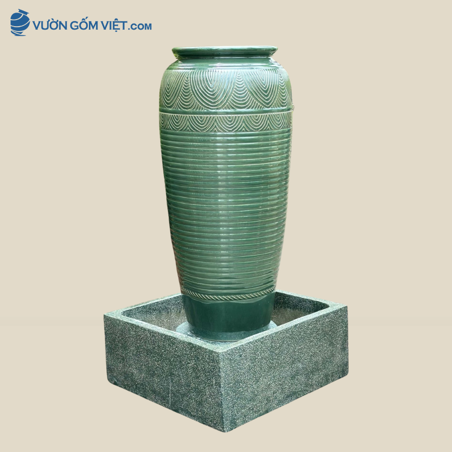Bộ Lu Nước Phong Thủy Họa Tiết Vân Sóng Lặp Xanh Ngọc ( 1m15 )