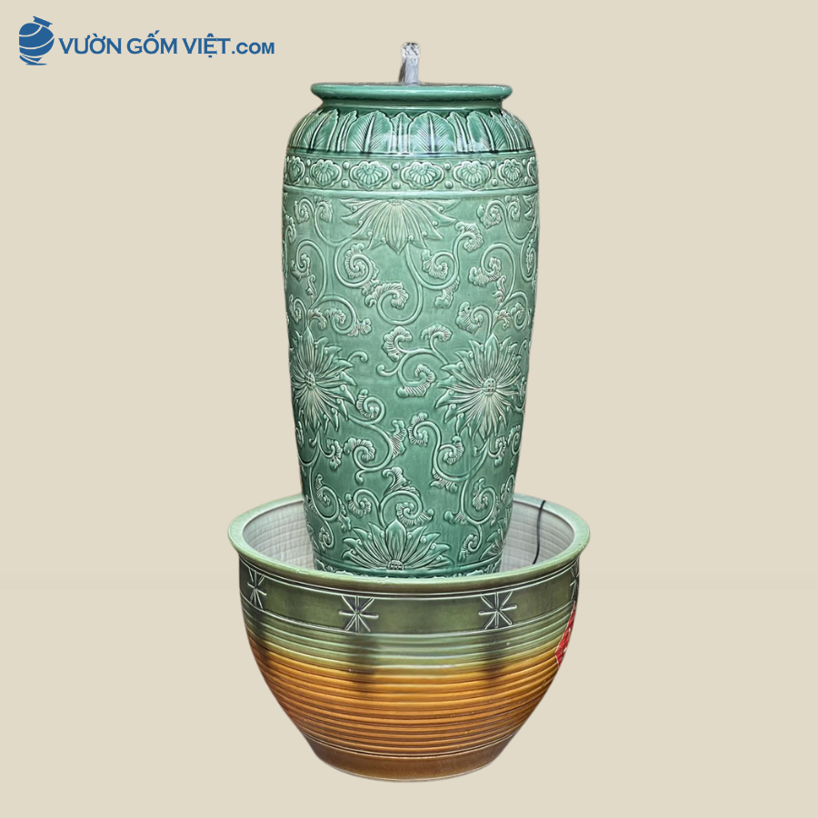Bộ Lu Nước Phong Thủy Họa Tiết Hoa Cổ Điển Xanh Ngọc
