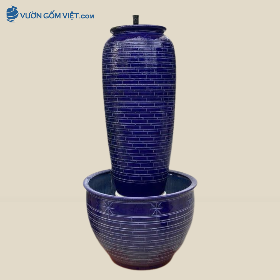 Bộ Lu Nước Họa Tiết Gạch Chỉ Men Xanh Dương Hợp Mệnh Thủy