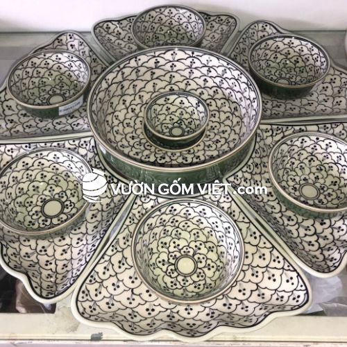 Set bát đĩa mâm cổ vẽ hoa bèo