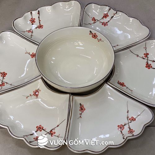 Set bát đĩa mâm cổ vẽ hoa đỏ