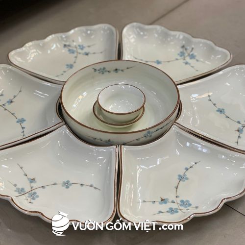 Set bát đĩa mâm cổ vẽ hoa xanh