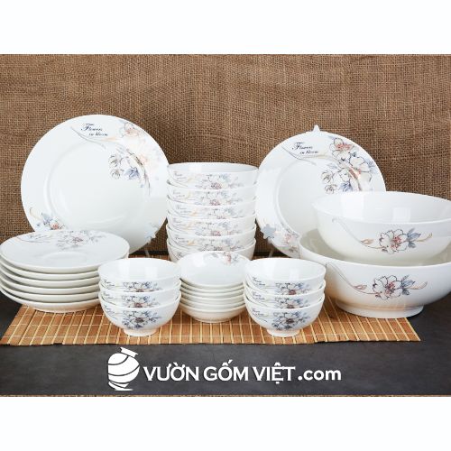 Tô chén bát đĩa sứ trắng in hoa cao cấp