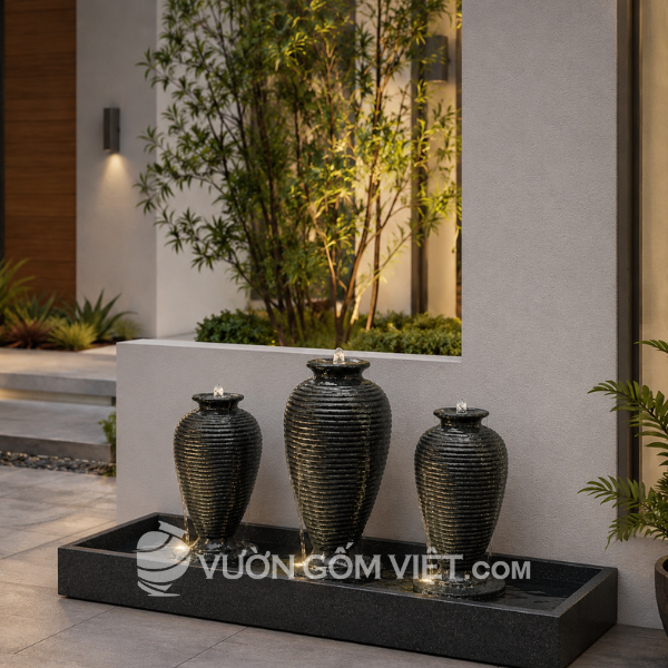 Bộ Ba Lu Nước Phong Thủy Gân Nổi Đá Mài Màu Đen
