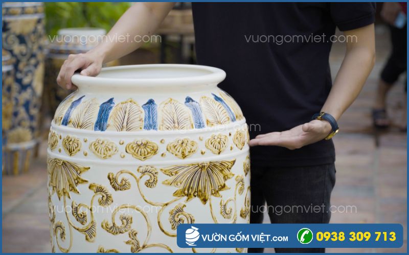 Lu nước phong thủy họa tiết hoa văn màu xanh - vàng 