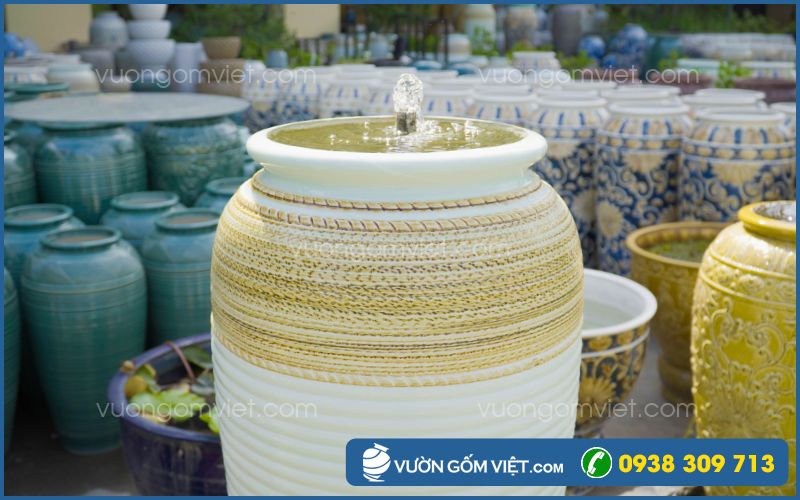 Lu nước phong thủy họa tiết Thổ Cẩm men màu xanh ngọc 