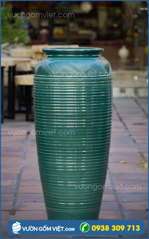 lu nước phong thủy họa tiết vân kẻ ngang men màu xanh đậm